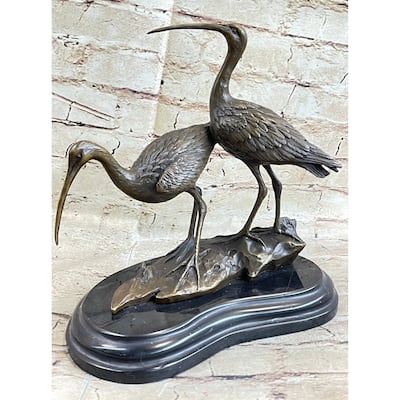 Original Signed Two Wildlife Crane Cranes Pond Garden Bronze Statue Sculpture