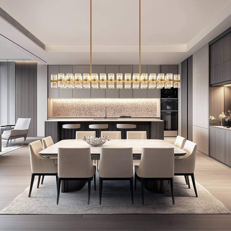 YANSUN 60-Light Brass Gold Crystal Chandelier, G4 LED, Modern Linear 3000K Warm