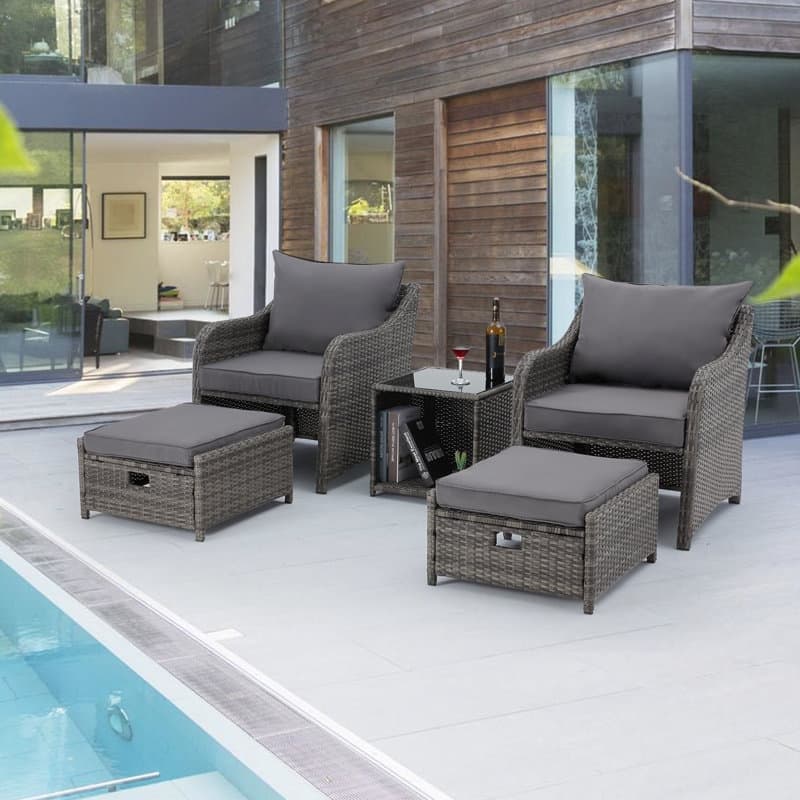 EROMMY 5-Piece Wicker Patio Furniture Set with Cushions - Rattan Chairs, Ottoman & Side Table for Balcony, Outdoor Lounge Set