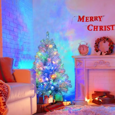 4FT Sliver Pre-Lit Artificial Christmas Tree,Hinged Full Tree with Metal Stand,400 Branch Tips,150 LED Lights,11 Lighting Modes