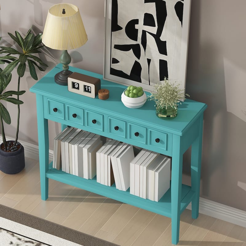 Rustic Console Table with Open Shelf and Rubber Wood Legs