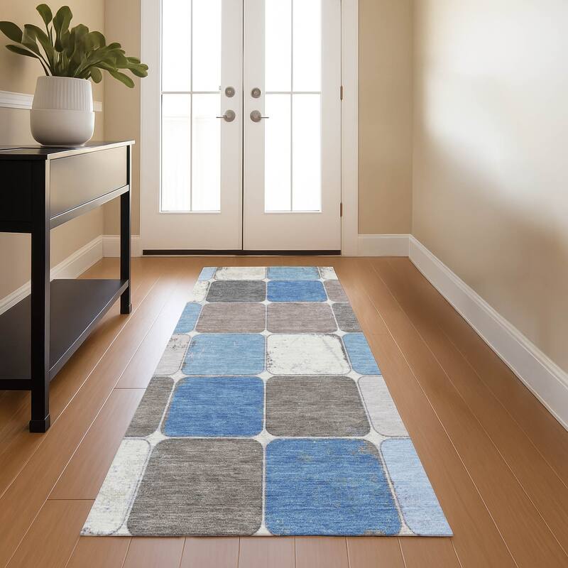Premium Washable Super Soft Modern Blocks Mayfield Rug - Blue - 2'3" x 7'6"