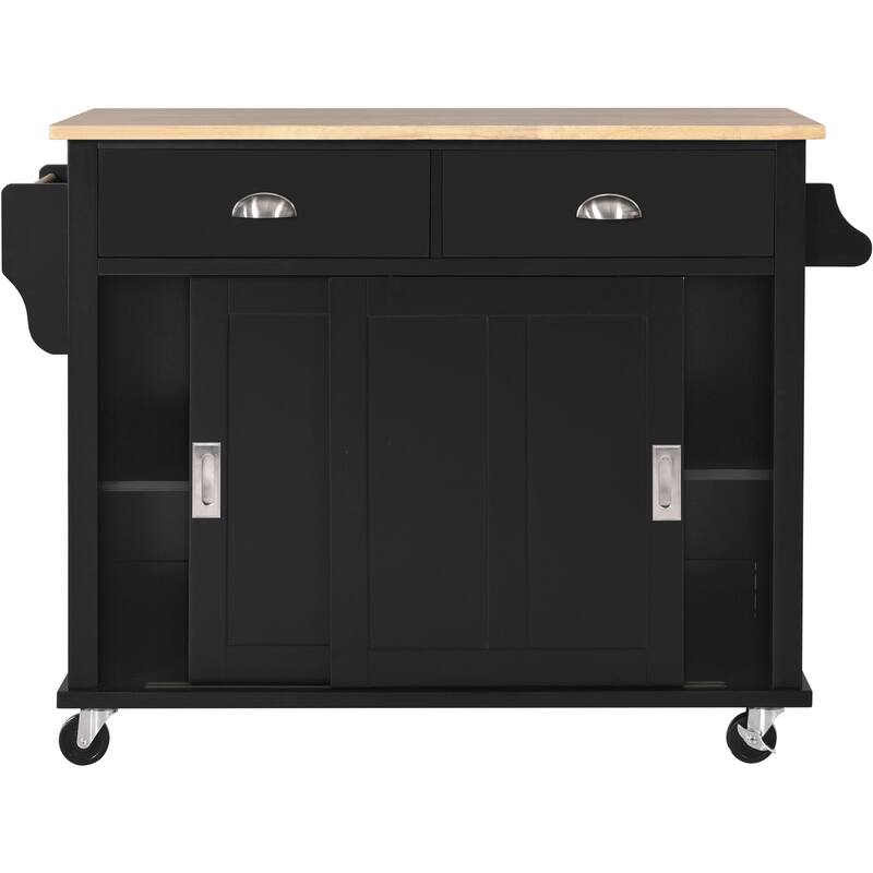 Rolling Kitchen Island with Drop-Leaf Countertop, Adjustable Shelves, 2 Drawers & Sliding Barn Door - Mint Green
