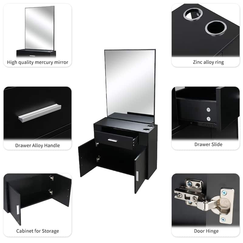Black Wall Mounted Hair Styling Station with Mirror Drawer and Storage Cabinet for Salon Use - 59.4” x 29.6” x 11.8" (L x W x H)