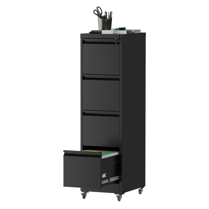 Modern Vertical File Cabinet, Heavy-Duty Lockable Filing Cabinet with 4 Drawer Locks and 4 Wheels, for Home Office, Black