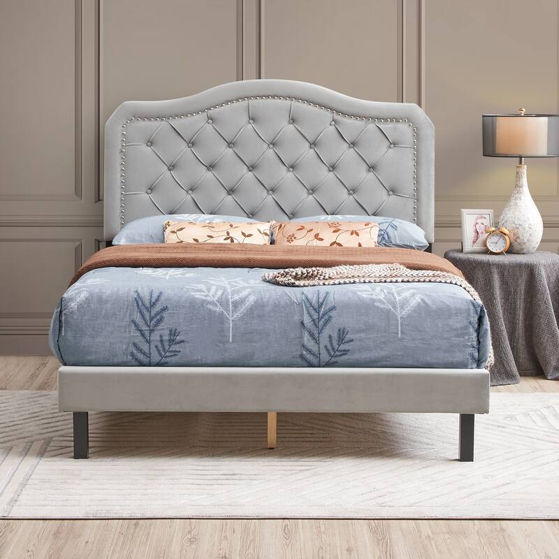 Gray Queen Button Tufted Platform Bed with Strong Wood Slat Support