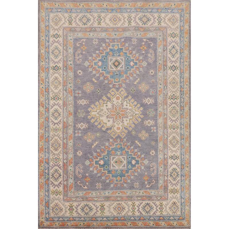 Gray Geometric Kazak Oriental Accent Rug Handmade Wool Carpet - 4'2" x 6'2"