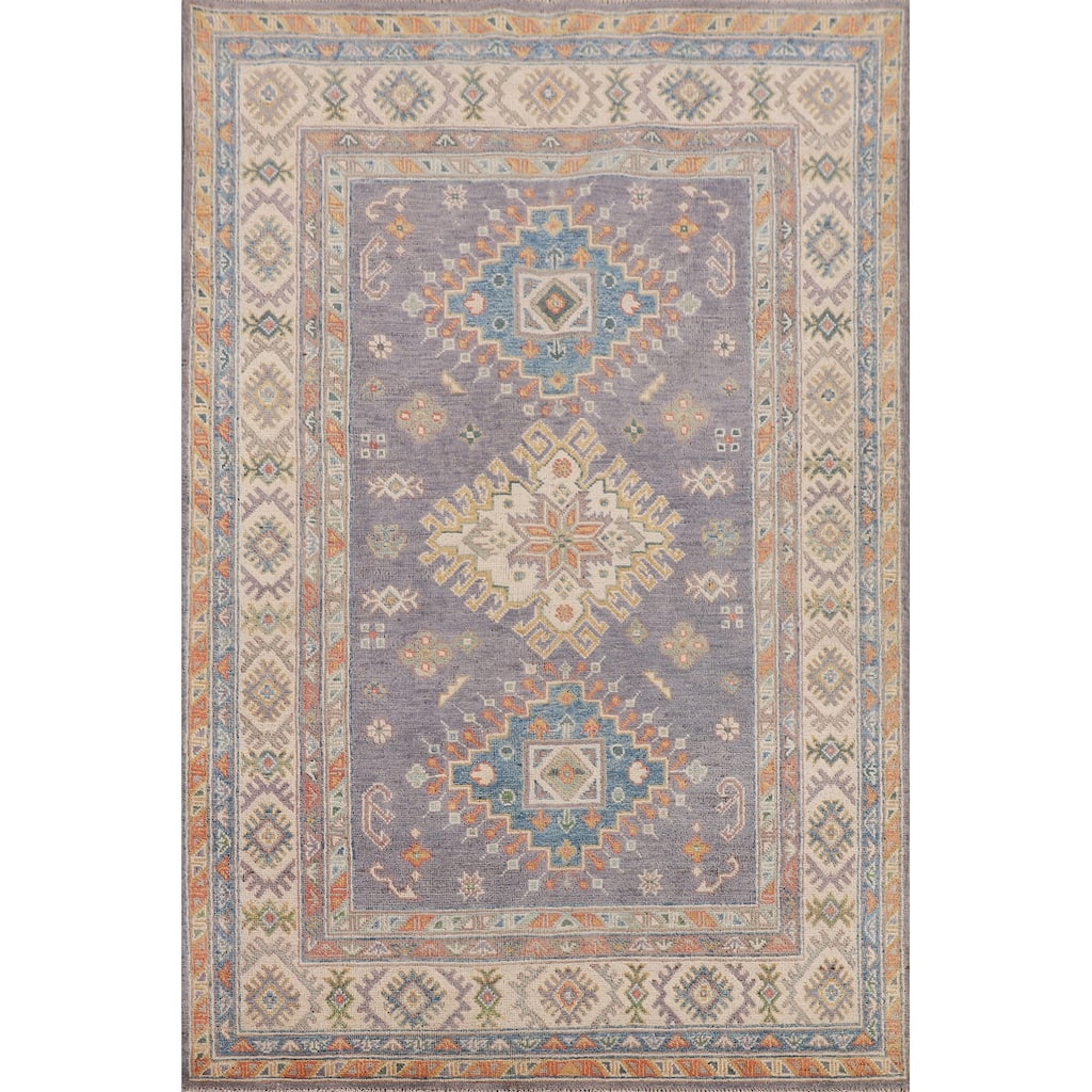 Gray Geometric Kazak Oriental Accent Rug Handmade Wool Carpet - 4'2" x 6'2"