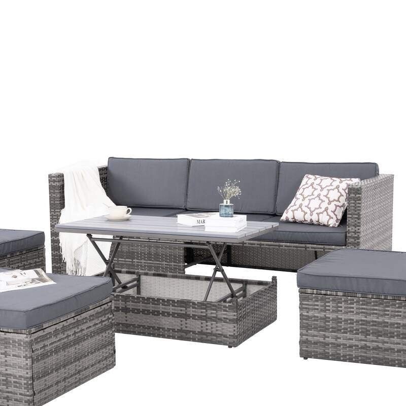 5 Piece Outdoor PE Wicker Sofa Set, Patio Conversation Furniture Set with Lift TOP Coffee Table and Lounger Sofa