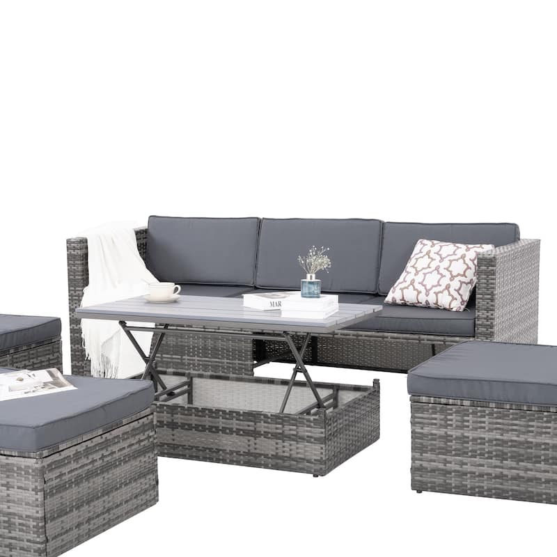 Outdoor Furniture, Seasonal PE Wicker 5piece Furniture Set With Plywood Coffee Table,with lift TOP Coffee Table
