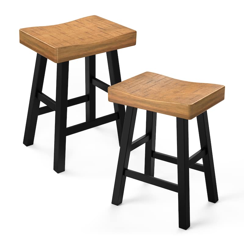 24" Farmhouse Oak Solid Wood Backless Set of 2 Saddle Stool