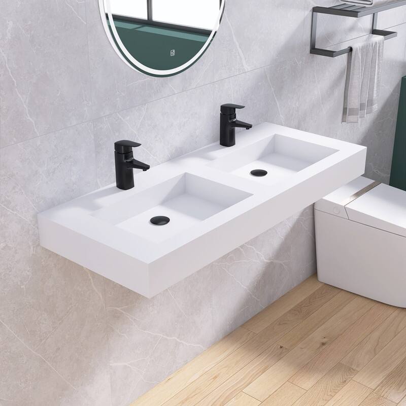 Tubcraft 47/59 in. Stone Solid Surface Wall-Mounted Rectangular Double Vessel Bathroom Sinks