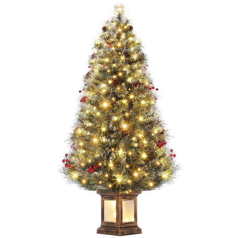 4.5FT Pre-Lit Christmas Tree Holiday Xmas Tree with Lighting Vintage Potted Base