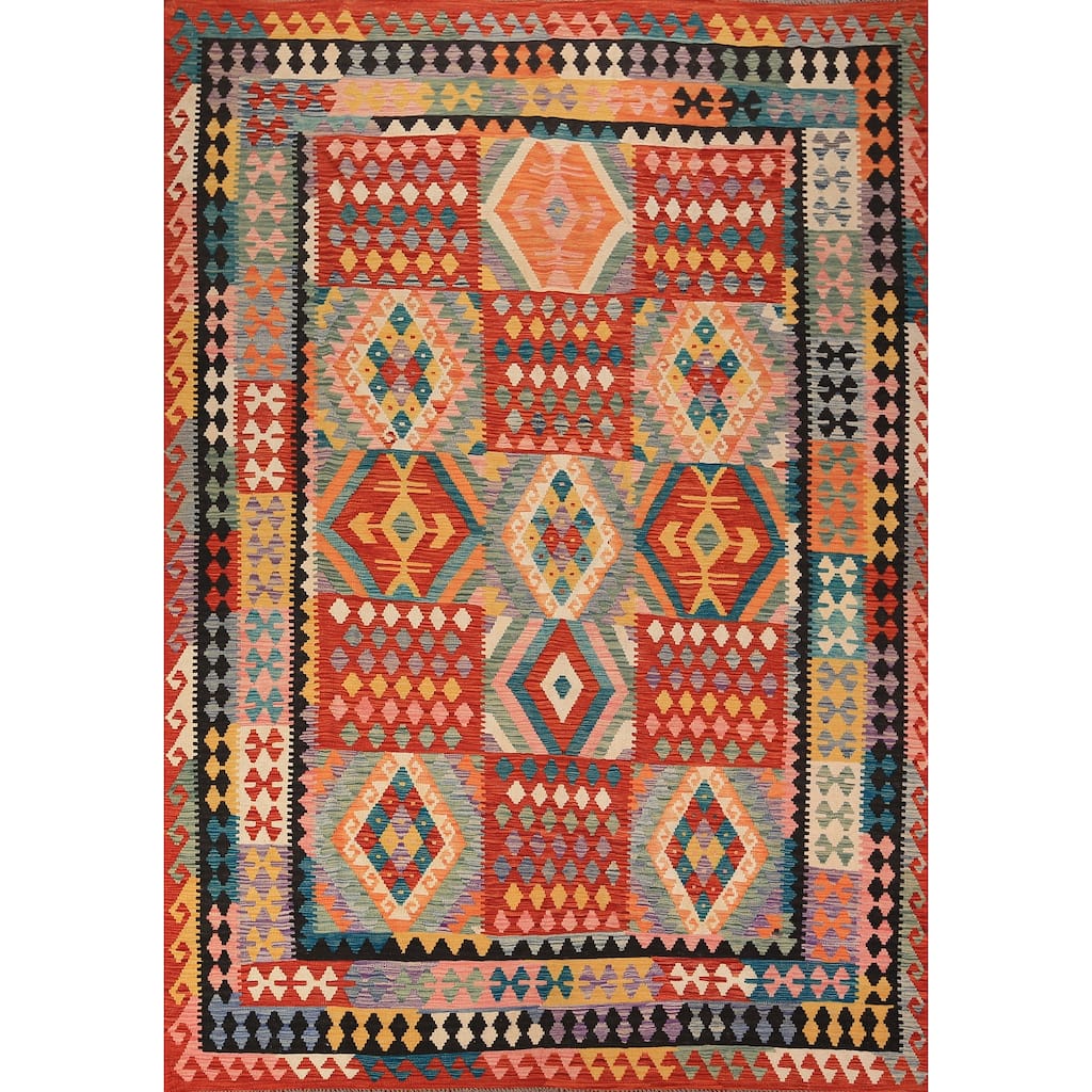 Geometric Kilim Oriental Area Rug Bedroom Flatweave Wool Carpet - 8'3" x 11'5"