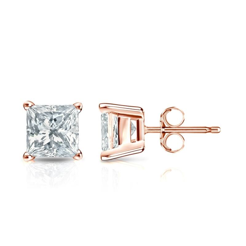 Auriya 14k Gold Lab Grown Princess Diamond Stud Earrings 0.50 to 5.00 ct. tw. 4-Prong Basket Push-Back (F-G VS) - Rose - 1.25 ct. tw.