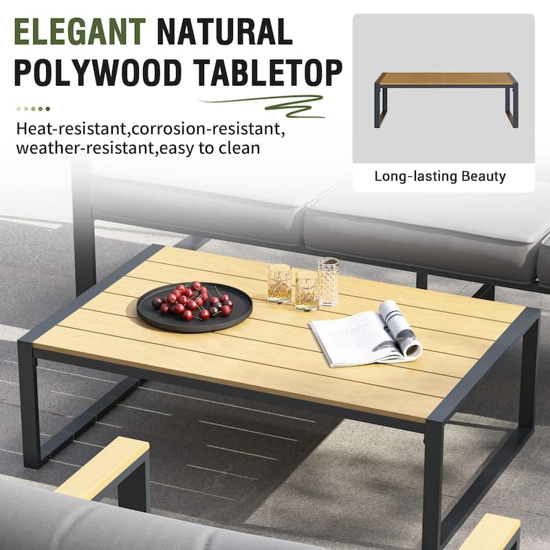 Outdoor 4 Pieces Furniture Sets Modern Iron Patio Conversation Sets Sofa w Grey Cushion Faux Wood Grain Frame Coffee Table