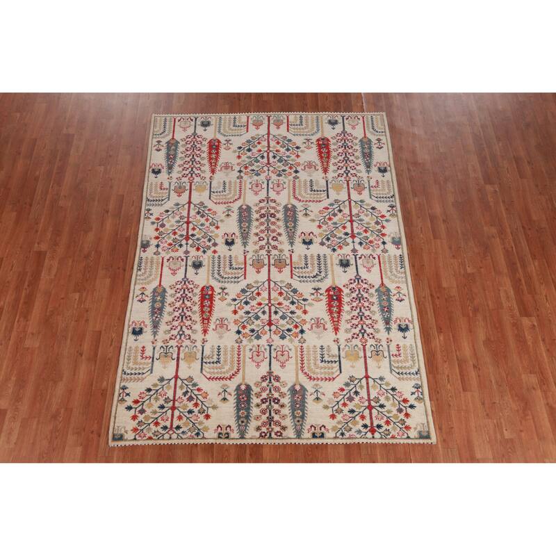 Hand Knotted Oriental 100% Wool Carpet Traditional Geometric Beige & Ivories Kazak Area Rug - 7' 10'' X 5' 6''