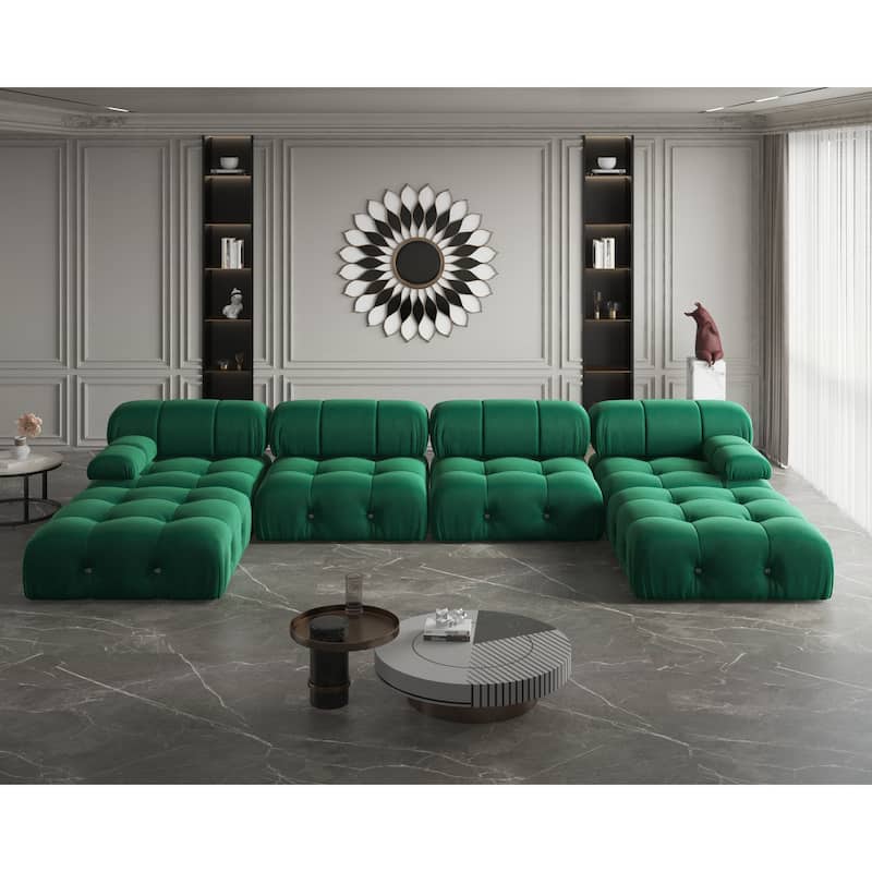 Modern U-Shaped Velvet Upholstered Modular Sectional Sofa 6-seater Extra Wide Chaise Lounge Couch for Living Room - Green