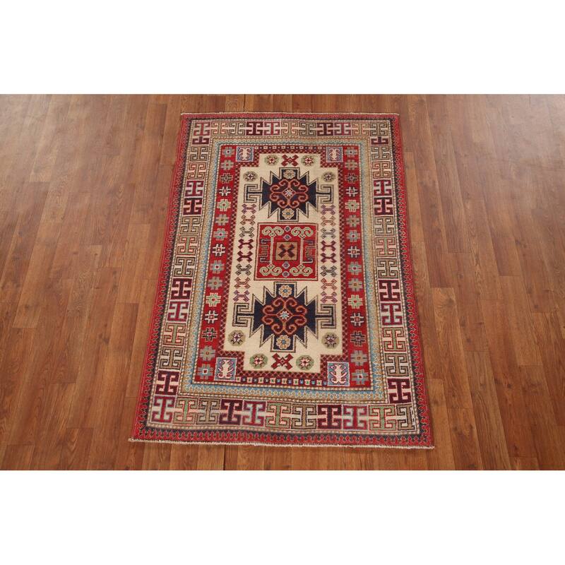 Geometric Beige Kazak Oriental Accent Rug Handmade Wool Carpet - 3'1"x 4'8"