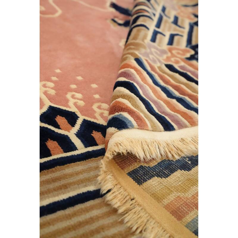 Hand Knotted Oriental 100% Wool Carpet Traditional Geometric Pink Art Deco Area Rug - 11' 1'' X 8' 0''