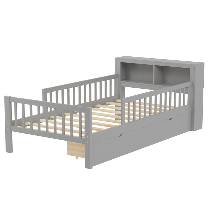 Twin Size Platform Bed with Storage Headboard and 2 Under-Bed Drawers, Wooden Bed Frame with Guardrails and Slats Support