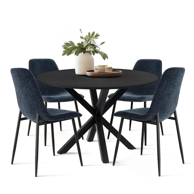 Round Dining Table Set for 4 with Upholstered Chairs and Pedestal Base - Blue