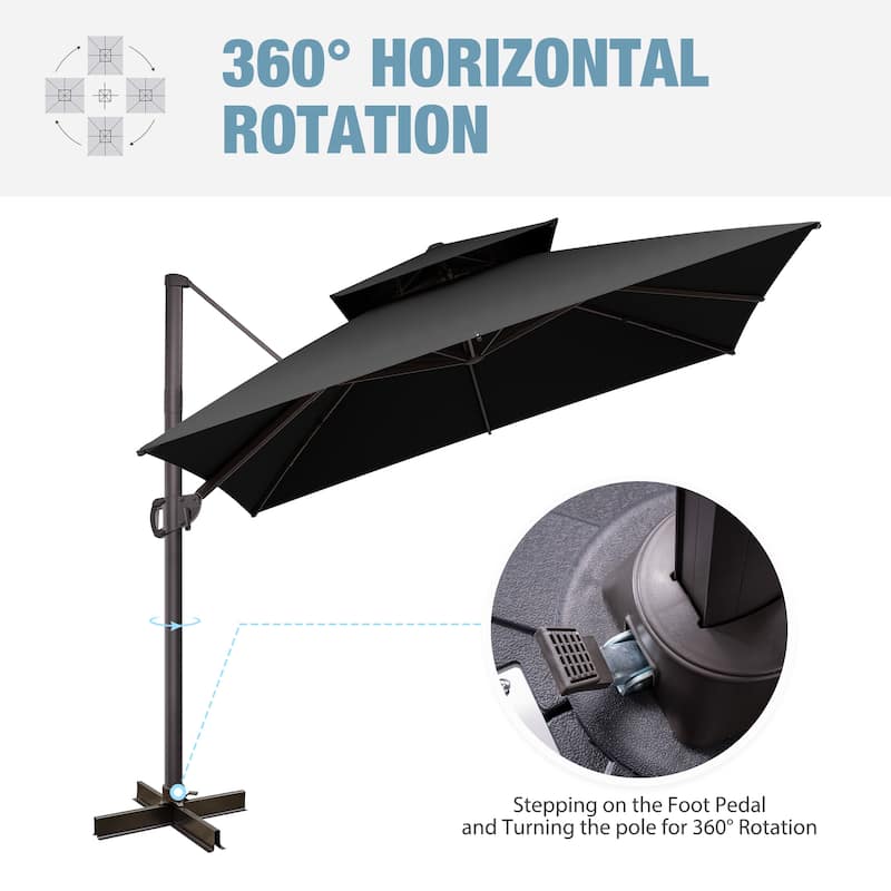 VredHom Double Top 10x10 FT Square Patio Cantilever Umbrella with Rod Wheel Base