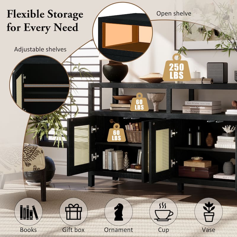 Bohemian Style Rattan Buffet Cabinet with Solid Wood Frame,3-position Adjustable Shelves,No-Handle Push-to-Open Design