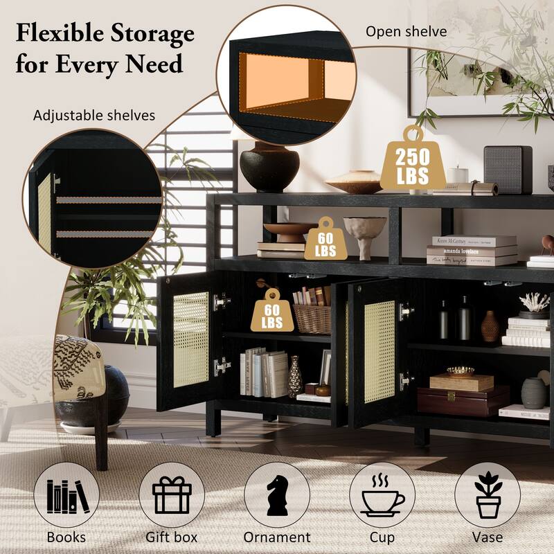 Rattan 4 Door Sideboard Cabinet, Large Wood Storage Cabinet, Console Table with Adjustable Shelves for Living & Dining Rooms