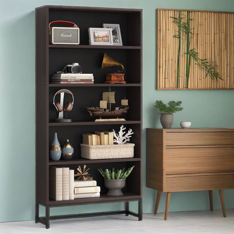 5-Tier Tall Bookshelf with LED Lights Adjustable Shelves Heavy Duty Metal Frame for Home Office Library Storage