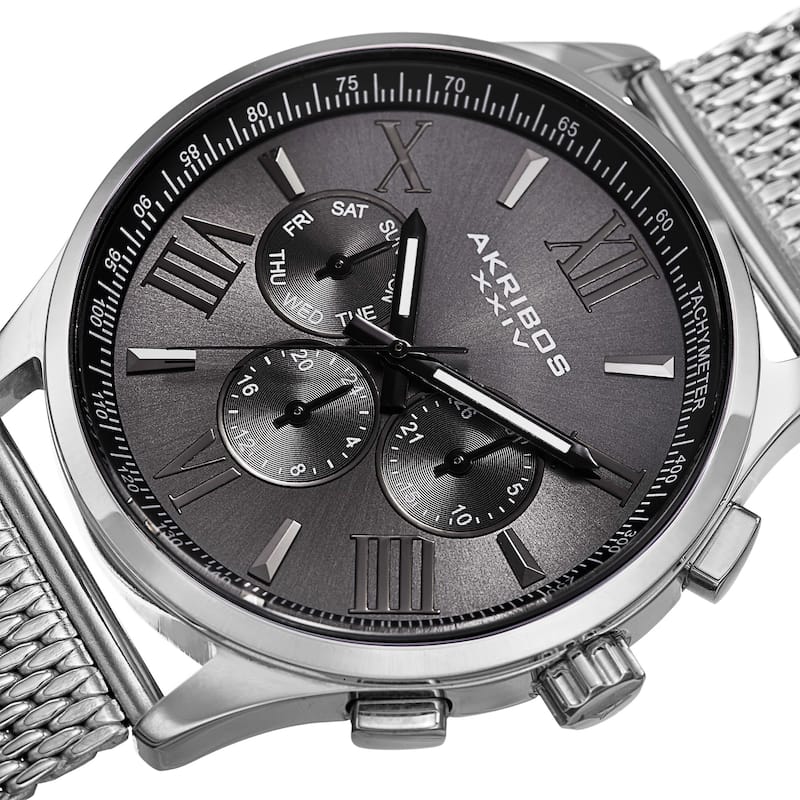 Akribos XXIV Men's Swiss Quartz Multifunction Dual Time Stainless Steel Black Bracelet Watch