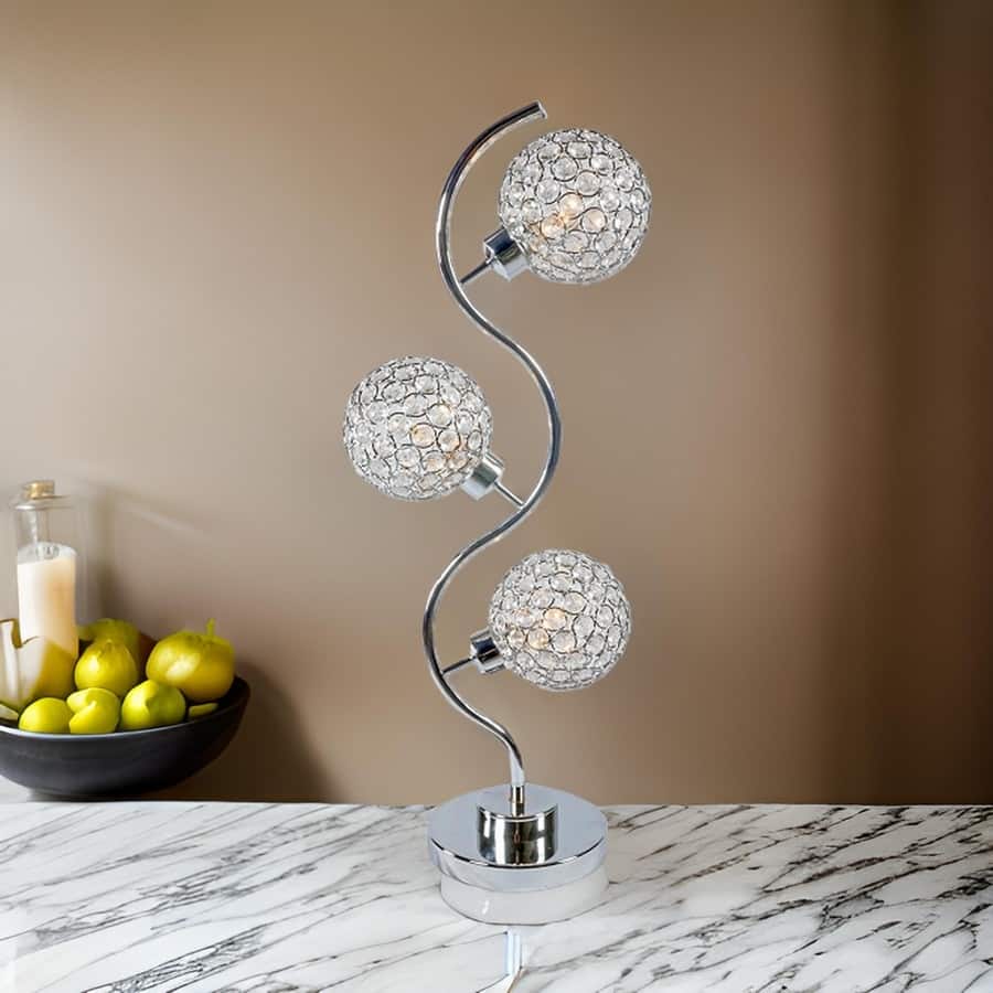 Denise 32 Inch Table Lamp, Metal Frame, Round Base Glass, Crystals, Silver