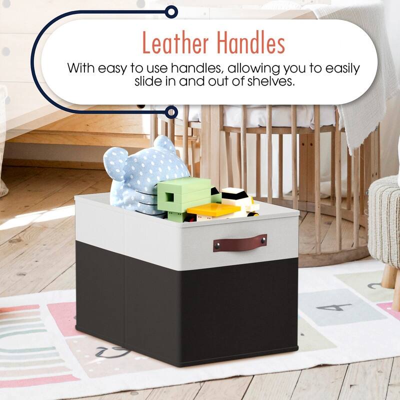 Foldable Collapsible Storage Box Bins Linen Fabric Shelf Basket Cube Organizer with Leather Handles - Set of 6
