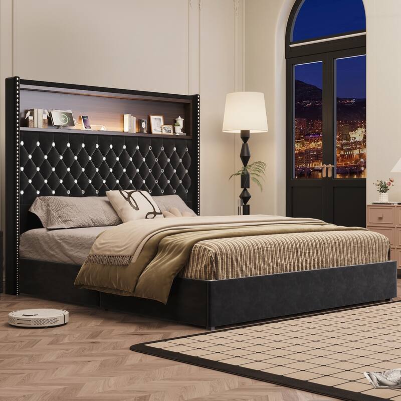 Queen Size Tufted Soft Bed Frame with USB Port and Night Light - Black