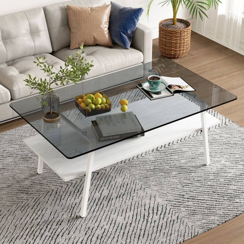 Rectangle Tempered Glass Coffee Table with Metal Legs - Grey/White