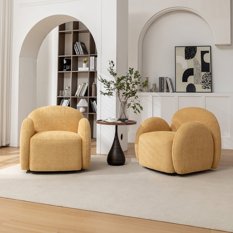 SEYNAR Modern Glam Boucle Upholstered Swivel Accent Armchair, 360 Degree Swivel Barrel Chair Set of 2 for Living Room - Yellow