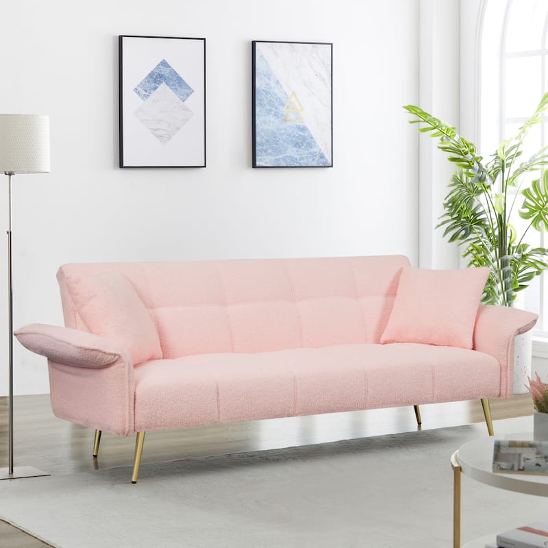 Futon Loveseat Sofa Bed, 70" Teddy Fabric Sleeper Couch with Adjustable Backrest & Armrests, Modern Convertible Futon Couch