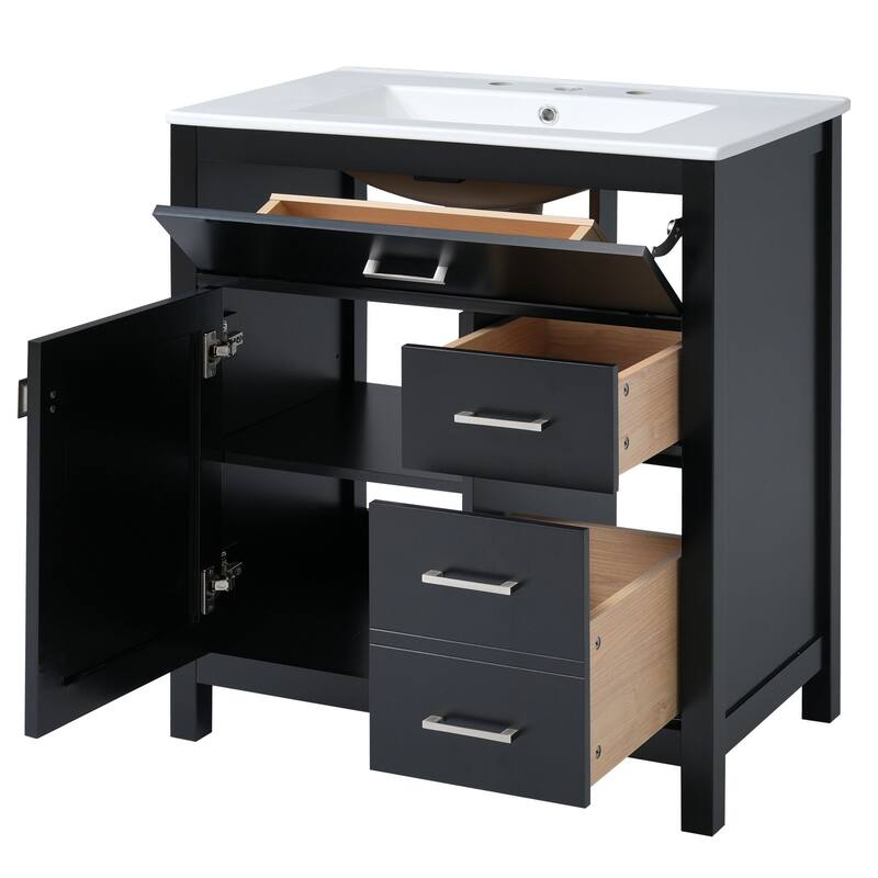 Modern 30-Inch Bathroom Vanity with Undermount Ceramic Sink, Solid Wood Frame, Adjustable Shelf & Storage Drawers
