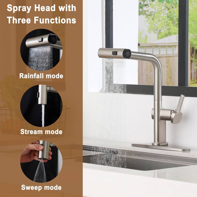 Single Handle Pull Out Sprayer Kitchen Faucet with 3 Functions Spray, 360° swivel