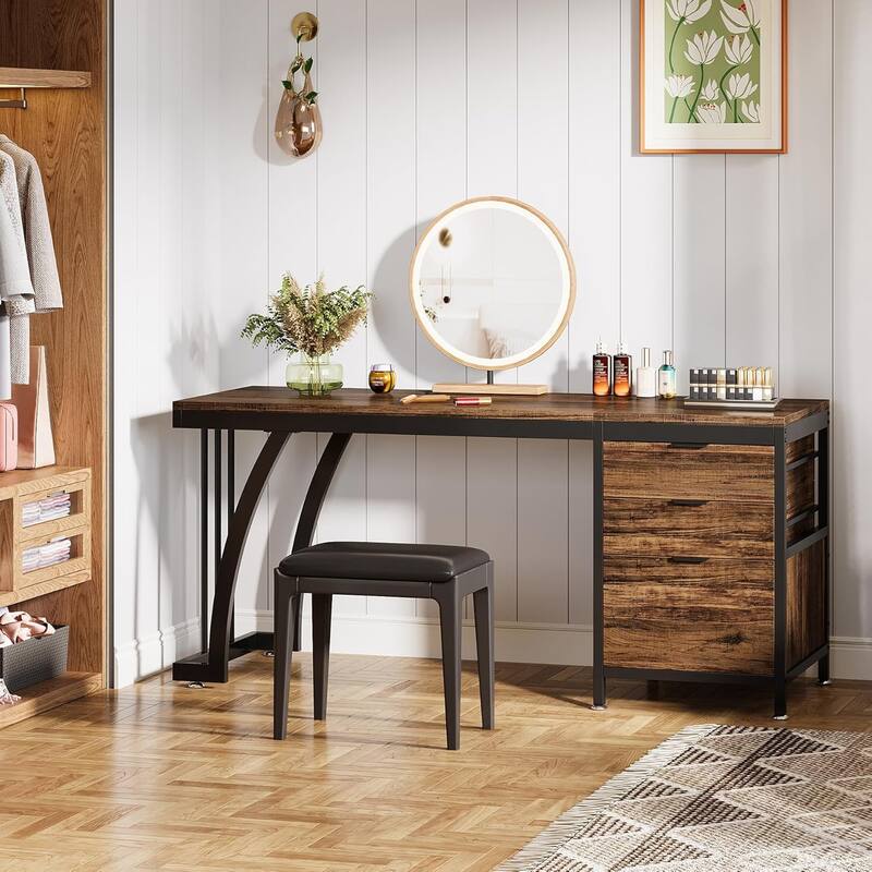 Vanity Desk 59" Dressing Table, Chic Makeup Desk with 3 Reversible Drawers for Bedroom, Home Room