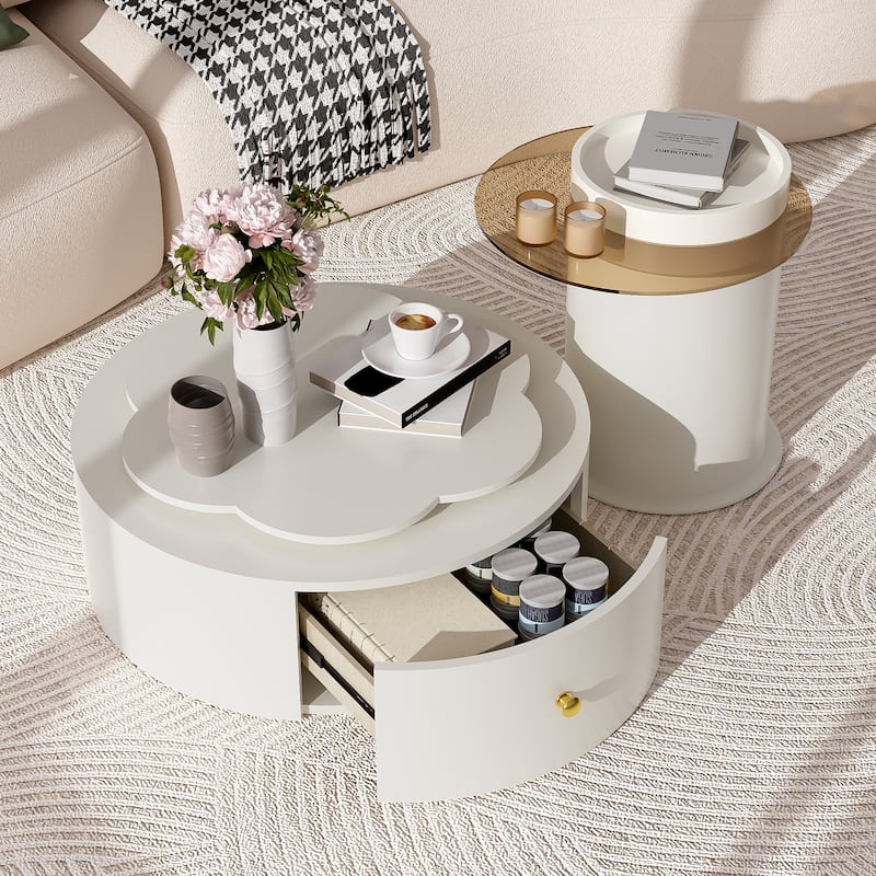 Roomfitters Rotatable Round Coffee Table Set of 2 with Flower-Shaped Top and Glass End Table, Off White
