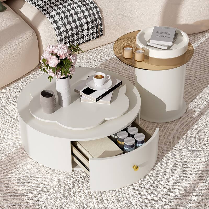 Round Coffee Table Set of 2, 360-Degree Rotatable Flower-Shaped Top Table with 2 Drawers, Glass Top Side Table End Table