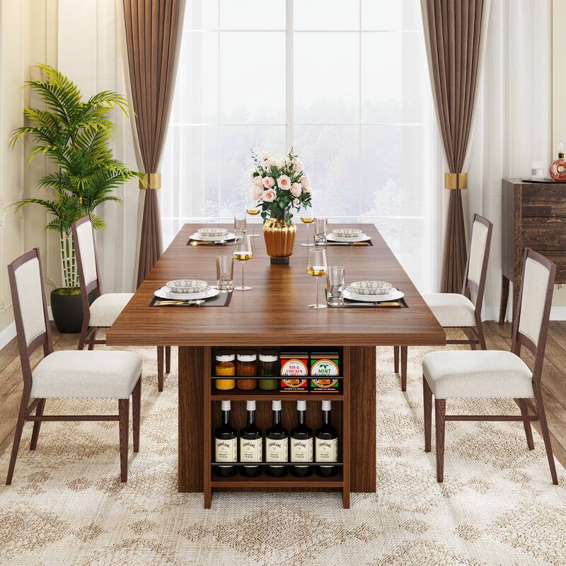 63" Farmhouse Dining Table for 6, Rectangular Wood Kitchen Table with Storage