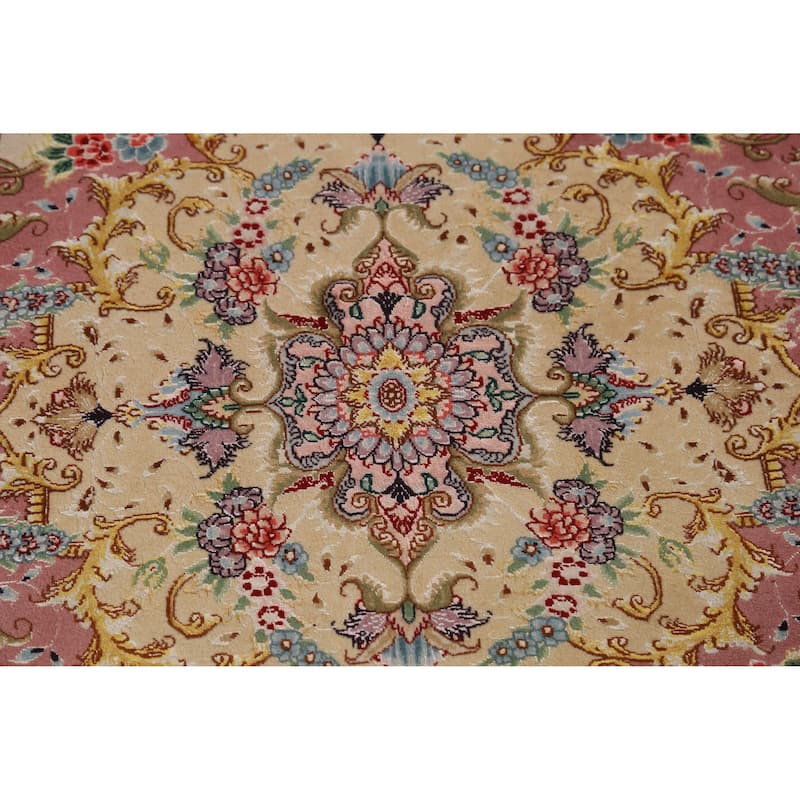 Hand Knotted Oriental Wool & Silk Carpet Traditional Floral Beige & Ivories Tabriz Area Rug - 10' 4'' X 6' 6''
