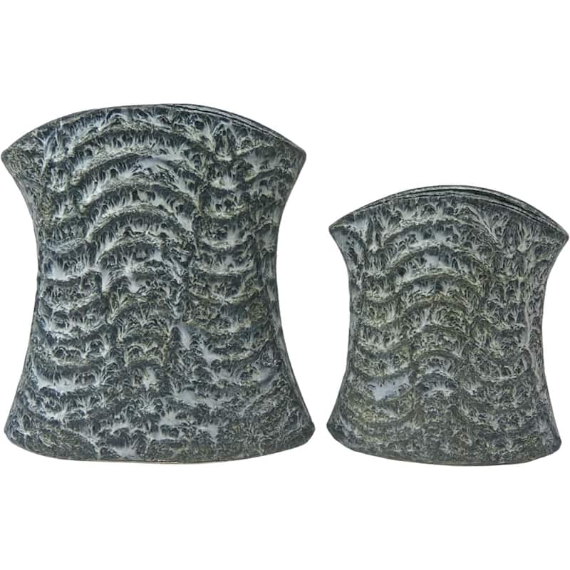 Set of Two Curved Cylinder Ceramic Vases Black and Gray Modern Home XL - Black