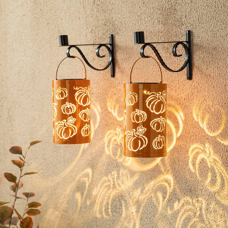 Glitzhome Fall Thanksgiving Pumpkin Pattern Metal Solar Powered LED Lanterns