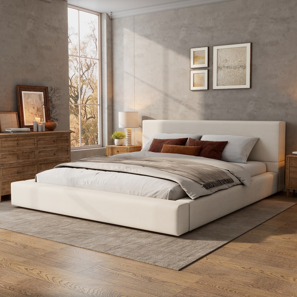 Modern Wooden Upholstered Linen Platform Bed with Thick Padded Headboard, No Box Spring Needed