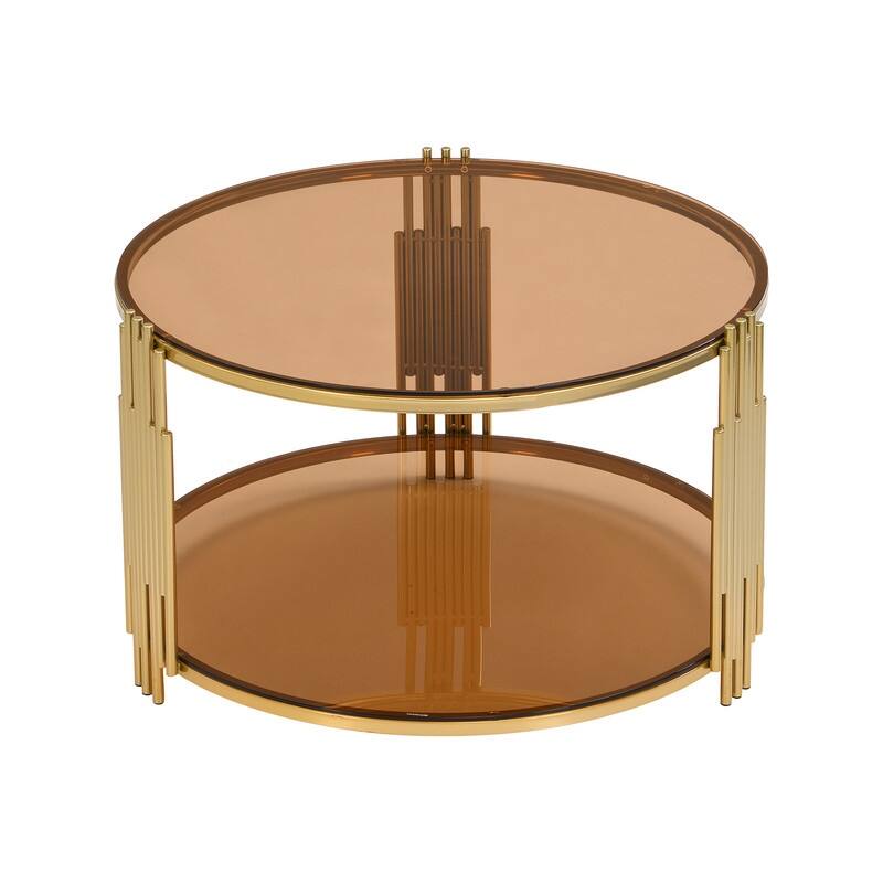 Modern 2-Tier Mirror Coffee Table with Asymmetrical Metal Legs, Round Metal Drum Base Cocktail Table