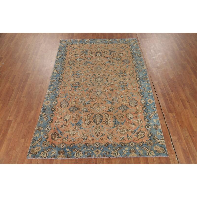Distressed Floral Tabriz Persian Rug Hand-Knotted Orange Wool Carpet - 5'5"x 8'8"