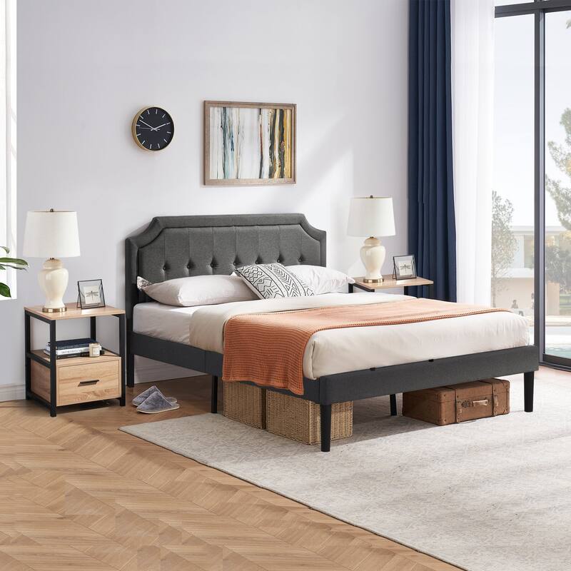VECELO 3-Pieces Modern Upholstered Bed with Height Adjustable Headboard and Nightstands Sets